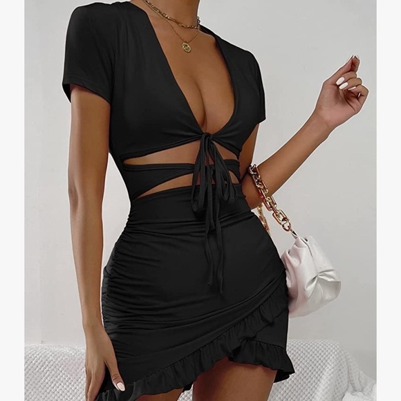 ⭐️cut Out Ruffle Ruched Bodycon Mini Short Sleeve Tie Front Wrap Dress⭐️ - Picture 3 of 9
